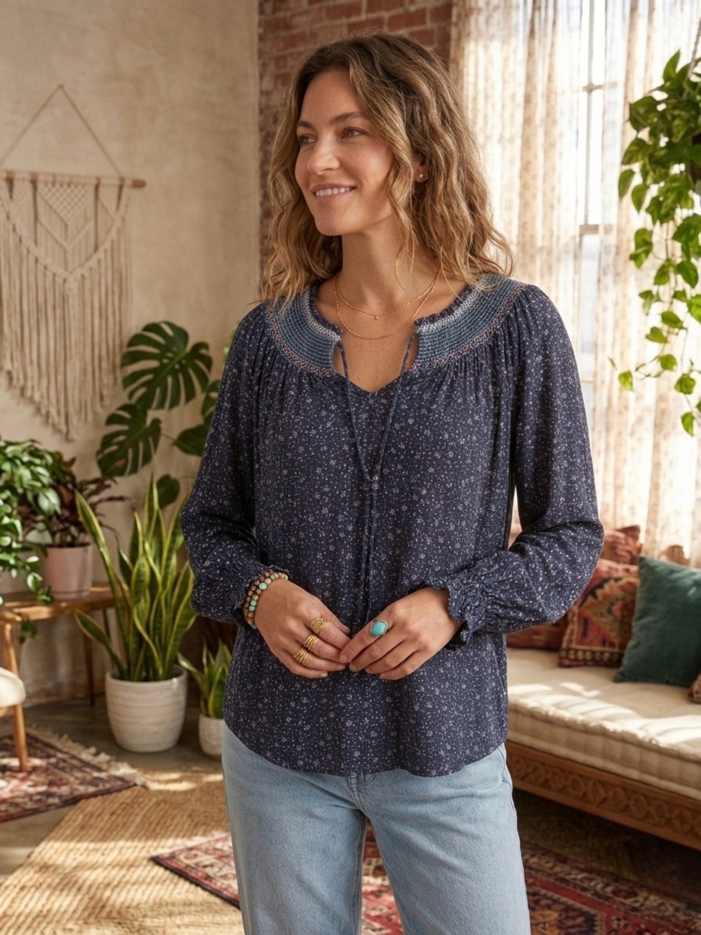 Knox Rose Smocked Floral Boho Peasant Blouse Size M Navy Blue Long Sleeve